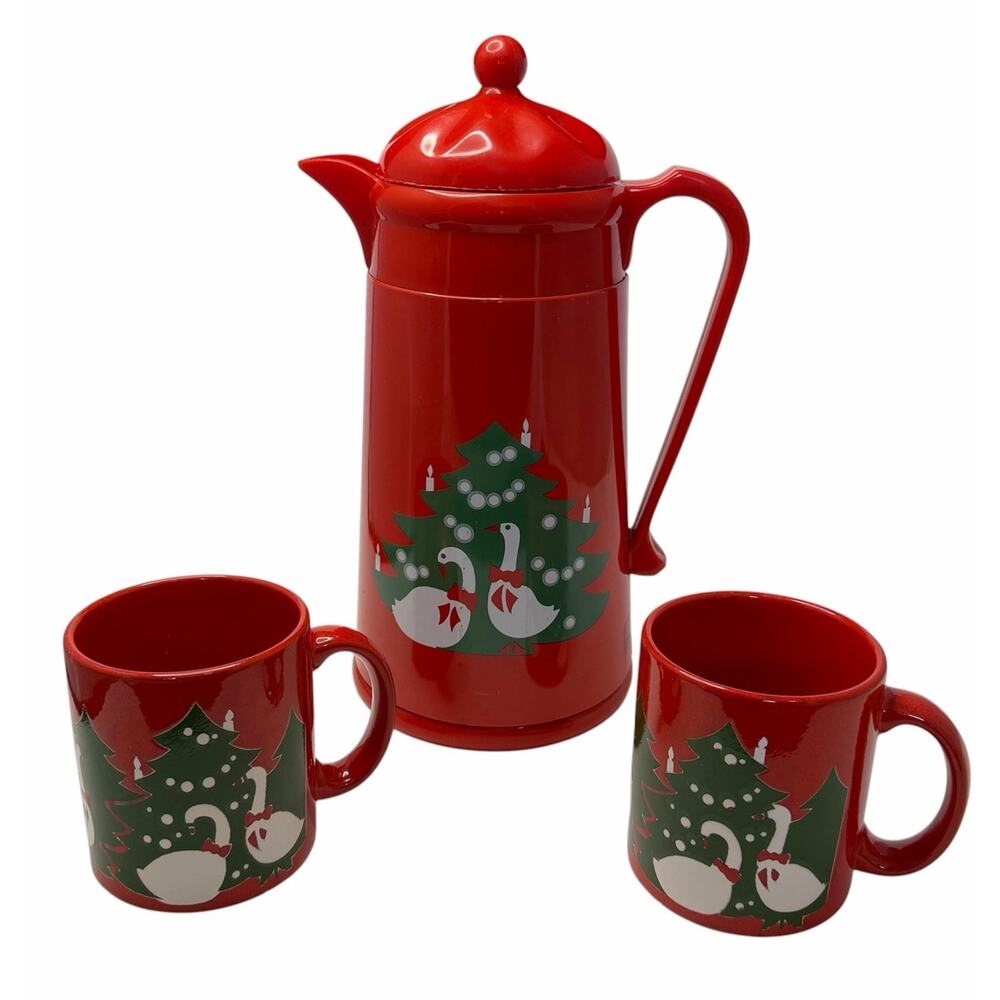 Waechtersbach Germany Red Mug Carafe Drinkware Set Christmas Geese Goose Vintage